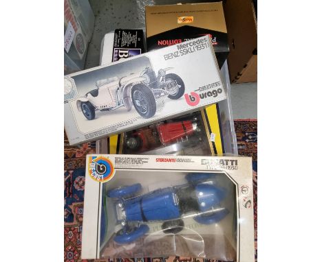 Box of 1:18th scale diecast vehicles in original boxes to include: Burago Bugatti Type 59 and Type 55, Burago Mercedes Benz S