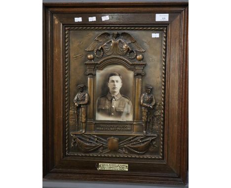 WWI Memorial tablet with photograph, 'the Path of Duty Was the Way to Glory', with attached plaque 'In Proud Memory of Sammy,