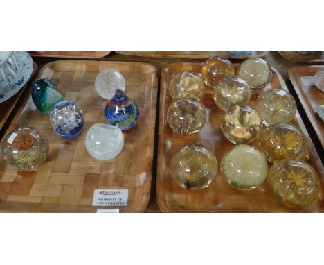 Two trays of glass paperweights, mostly Hafod Grange dried flower paperweights, globe design, Kenlay 'Active Galaxy' and othe