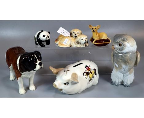 Collection of china to include: Leonardo Collection puppies, Beswick Panda, Nao Spanish porcelain owl, Beswick St Bernard mar