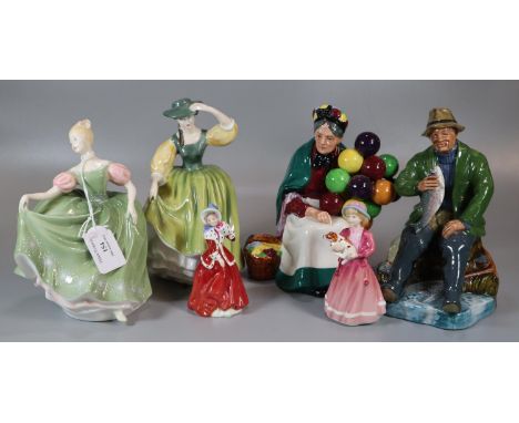 Four Royal Doulton figurines to include: 'Michele' HN2234, 'A Good Catch' HN2258, 'Buttercup' HN2309 (AF), 'the Old Balloon S