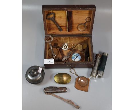 Victorian rosewood mother of pearl inlaid small box containing Miner's snuff box, two vintage torches, vintage keys, pewter g
