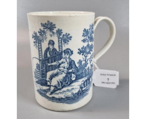 18th century (1775) first period Worcester porcelain mug, blue and white transfer printed pattern 'La Peche Promenade'. Print