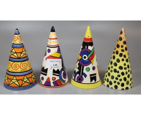 Four conical sugar sifters, a pair by Chelsea Works Burslem Staffordshire 'Moorland' design, one Lorna Bailey Old Ellgreave a