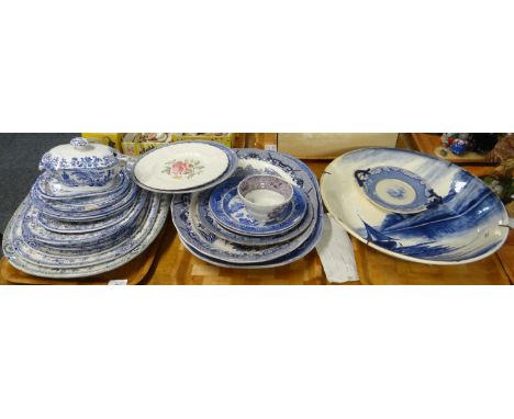 Three trays of mostly blue and white 19th century china to include: graduated set of 'Colandine' Llanelly Pottery meat dishes