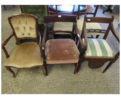 EDWARDIAN MAHOGANY AND INLAID ARMCHAIR WITH PUCE UPHOLSTERED SEAT, TOGETHER WITH A FURTHER COMMODE CHAIR AND A MODERN BEIGE U