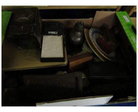 BOX CONTAINING MIXED PLATES, TREEN BOXES, SILVER PLATED TABLE LAMP, TIN OF MIXED IVORY ITEMS ETC 