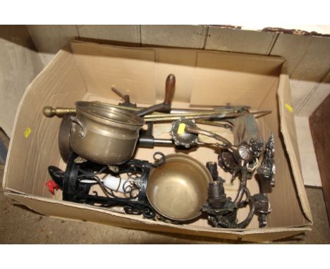 A box containing various metalware to include brass fire tongs, ornate wrought metal hanging ceiling light; pair of twin bran