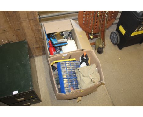 Two boxes of various tools to include clamps, garden wire, hand scythes, fire extinguisher, hand axe etc.