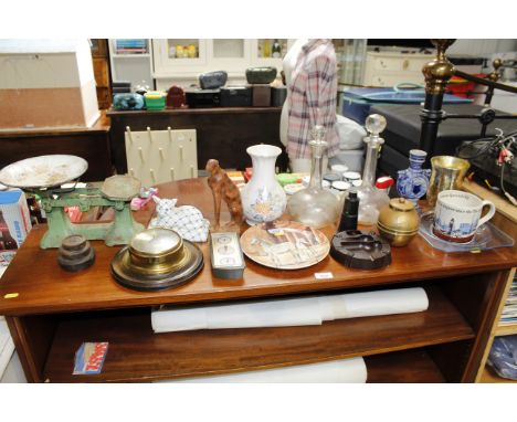 A collection of miscellaneous items including kitchen scales, barometer, brass Lipton's tea caddy etc.