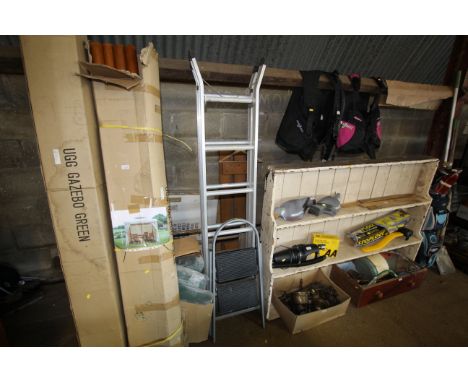 An aluminium combination ladder and small set of metal folding steps 
