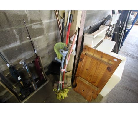 A quantity of various items to include walking stick, fishing net, long measure, cornice beams etc.