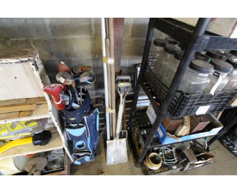 A quantity of long handled garden tools to include shovel, digging fork, garden hoe, rake etc. 