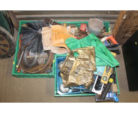 A large quantity of gardening related items to include sieves, hand shovels, chimney sweep brush, builders tool belt, hand sa