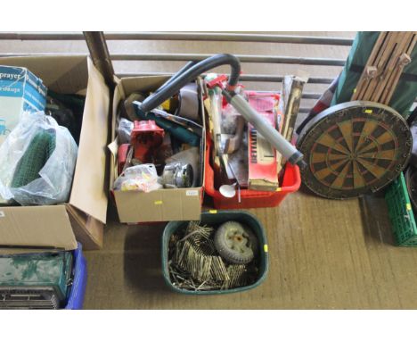 A plastic bowl and contents of various nails, two further boxes of various tools, belts, grinding discs, hand pump, etc.