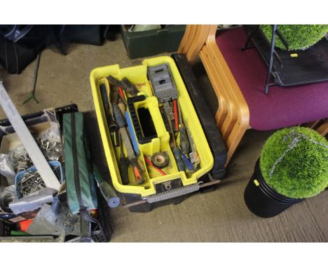 A Stanley mobile tool chest and contents of various tools to include hand braces, smoothing planes, files etc.
