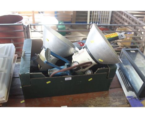 A Prima brass single cylinder foot pump, two other foot pumps, a pair of Photax 3200K light fittings, a Bosch Aerotwin windsc