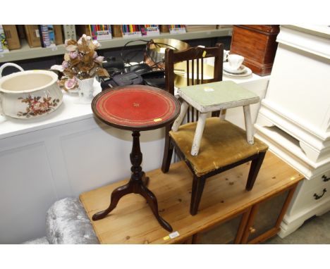 A pine rustic stool, a child's chair and a tripod wine table