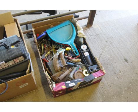 A tray containing various tools, flat irons, single cylinder air pump, chisels, screwdrivers etc.