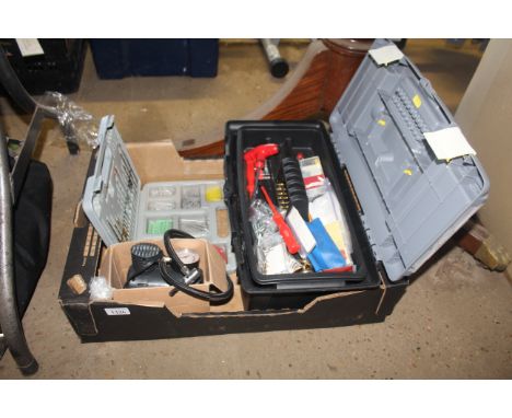 A box containing a 12v air compressor, plastic toolbox containing various tools to include drill bits, screwdrivers etc. and 