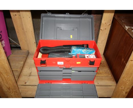 A plastic tool chest and contents of tools to include a Leica Disto laser measure; a wall stud tracker etc.