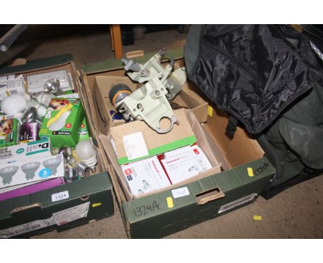 A box containing four Honeywell Home VTL120 radiator valves, two Stanley drill jigs, various hand tools etc.