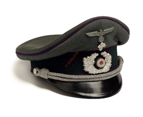 German Third Reich Army Chaplain’s peaked cap by Erel. A fine example of field grey woollen cloth with purple piping to the w