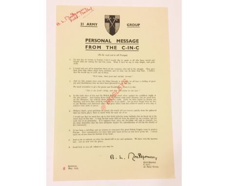 May 1945  Monty’s Personal Message to His 21st Army Group Signed Leaflet. This leaflet informs the 21st Army Group on this da