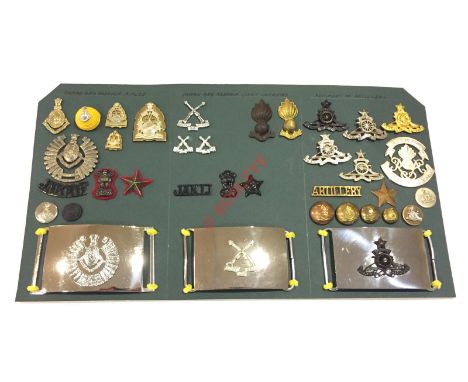 Indian Army post Independence. Jammu & Kasmir Rifles and Light Infantry and Regiment of Artillery Insignia. Carded display of