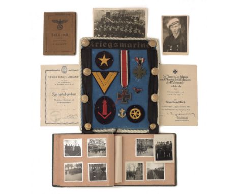 German Third Reich Kriegsmarine album etc. All appertaining to Matrosenobergefreiten Alfred Kremer. Rope edged period display