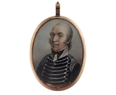 Napoleonic War Period Miniature Portrait Painting of a Yeomanry Officer. A fine head and shoulder portrait of an Officer. Dar