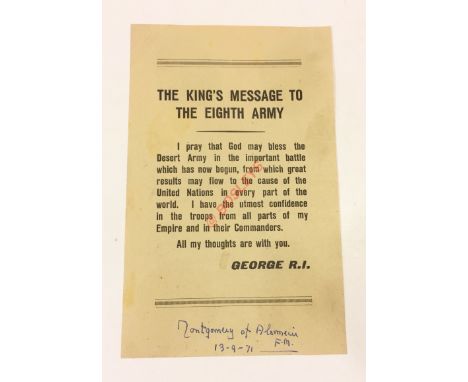 WW2 King George VI Personal Message to the 8th Army Monty Signed Leaflet.  This small leaflet is the personal message of the 