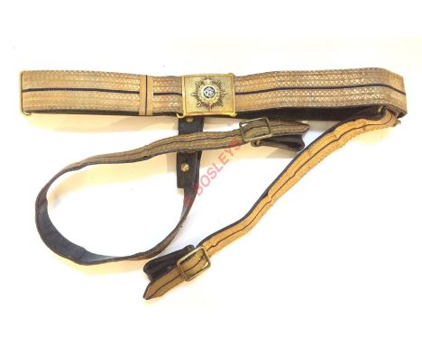 Army Service Corps Officer’s Sword Belt. A good post-1902 example.  Blue leather faced with gold “Staff” lace with a blue cen