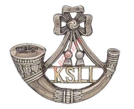 King’s Shropshire Light Infantry Officer’ 1920 hallmarked Birmingham silver KSLI cap badge. A fine and scarce die-cast exampl
