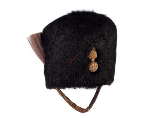 Irish. Inniskilling Fusiliers OR’s fur cap. A good example of short black fur with regimental pattern brass grenade to the fr