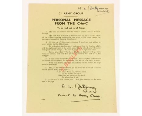 1944 Monty’s Personal Message to His 21st Army Group Signed Leaflet. This leaflet informs the 21st Army Group the time has co