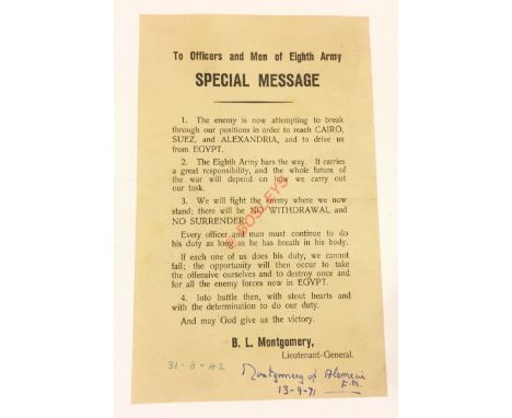 1943 Monty’s Personal Message to His 8th Army Signed Leaflet. This leaflet informs the 8th Army that the Germans are attempti