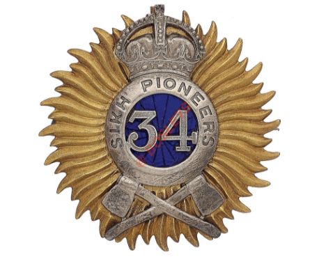 Indian Army. 34th Sikh Pioneers Officer’s pagri badge. A good post 1903 example by Hobson & Sons, Lexington St. London. Gilt 