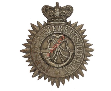Badge. 1st Bn. Somerset Rifle Volunteers 1860’s Victorian shako plate. Die-stamped silvered crowned multi pointed star bearin