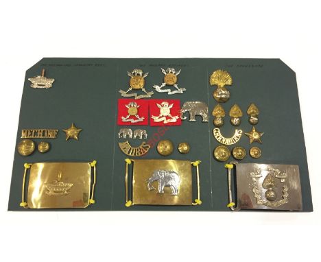 Indian Army post Independence. Mechanised Infantry, Madras Regiment and the Grenadiers Insignia. Carded display of the three 