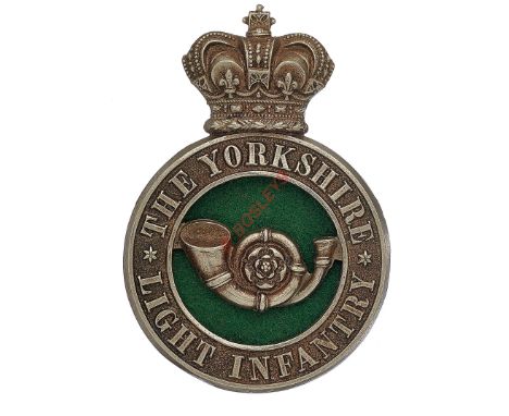 Badge. The King’s Own (Yorkshire Light Infantry) KOYLI, VBs OR’s glengarry circa 1888-96. De-stamped white metal crowned circ
