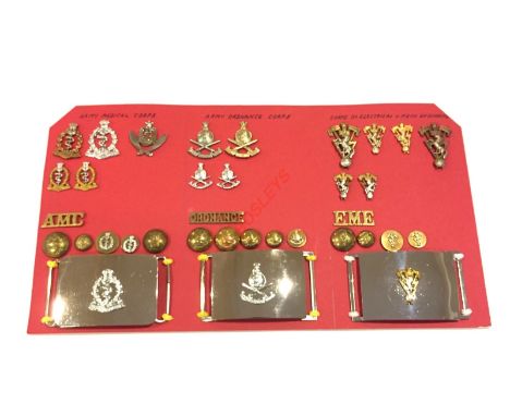 Indian Army post Independence. Medical and Ordnance Corps and Electrical & Mechanical Engineers Insignia. Carded display of t