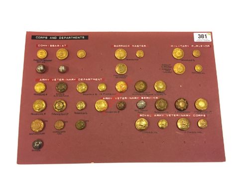 36 buttons of Corps and Departments A good carded selection including various patterns of Commissariat, Barrack Master, Milit