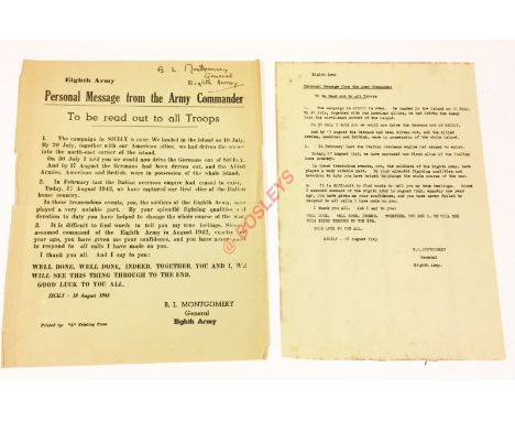 August 1943 Monty’s Personal Message to His 8th Army Signed Leaflet. This leaflet informs the 8th Army that the campaign in S