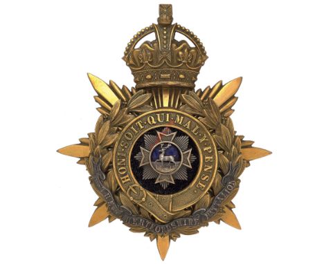 Badge. Hertfordshire Battalion, Bedfordshire Regiment Officer’s helmet plate circa 1908-09. A fine and rare gilt short-lived 