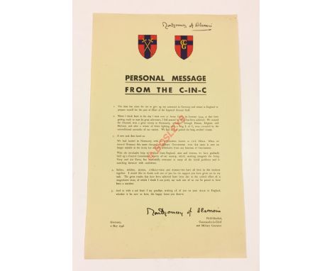 May 1946  Monty’s Personal Message to British Army of the Rhine Signed Leaflet. This leaflet informs of his posting as C-in-C