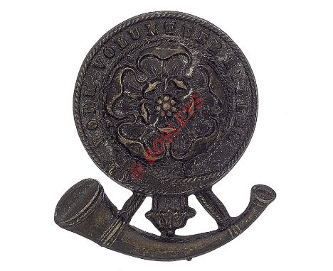 York Volunteer Rifles Victorian OR’s glengarry badge. Die-stamped blackened brass circular rope edged strap ‘York Volunteer R