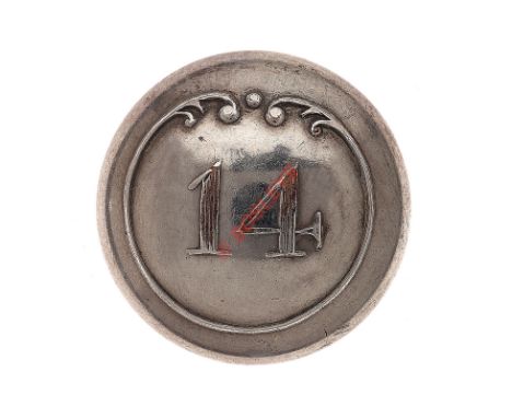 14th (Buckinghamshire) Regiment of Foot Georgian Officer’s silvered closed-back coatee button. A fine scarce example by Silve