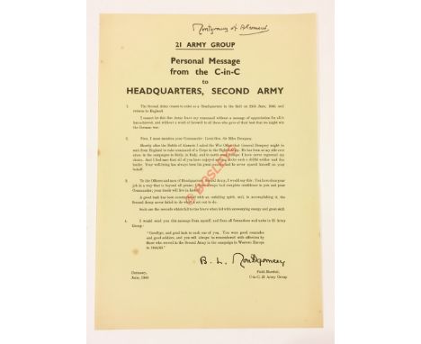 June 1945  Monty’s Personal Message to His 21st Army Group Signed Leaflet. This leaflet informs the 21st Army Group that Seco