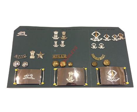 Indian Army post Independence. Assam and Bihar Regiments and Mahar Regiment Insignia. Carded display of the three units inclu